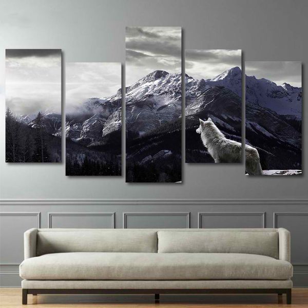 

hd prints canvas wall art living room home decor pictures 5 pieces snow mountain plateau wolf paintings animal posters framework