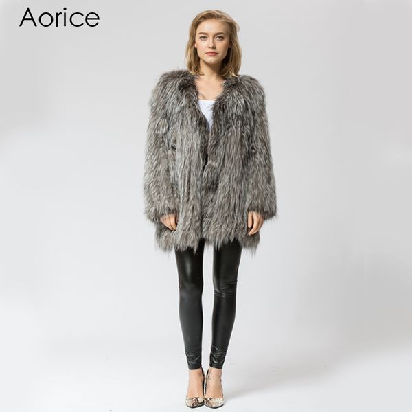 

women's fur & faux cr055 knitted real silver coat jacket over size fashion winter warm coats, Black