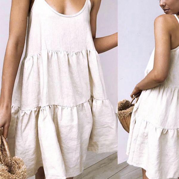 

women summer sleeveless knee-length dress round neck solid color loose dress, Black;gray
