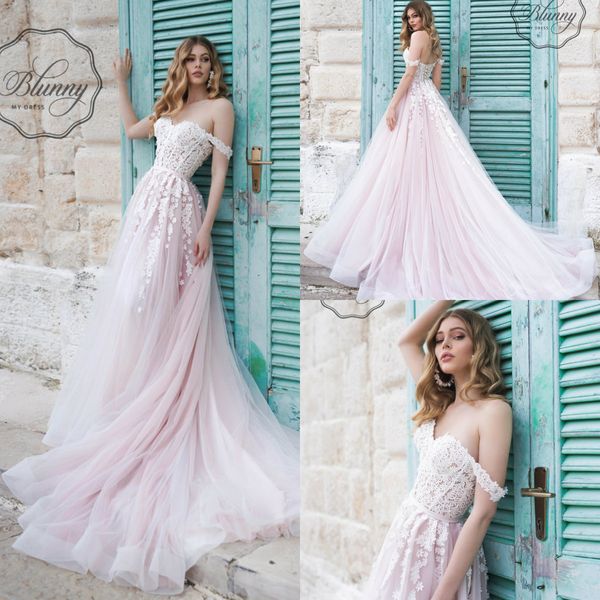 

naviblue blush pink wedding dresses applique a line sweep train vestidos de novia off the shoulder lace up beach wedding gowns bridal dress, White