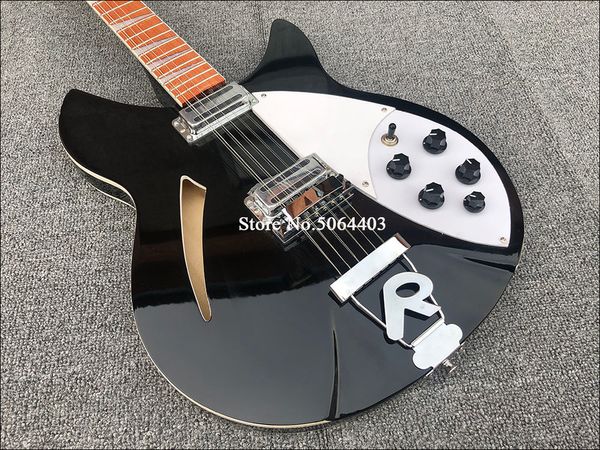 RIC 330 12 Saiten, glänzend schwarze Semi-Hohlkörper-E-Gitarre, glänzend lackiertes Palisandergriffbrett, 5 Konbs, 2 Ausgangsbuchsen, einzelnes F-Loch