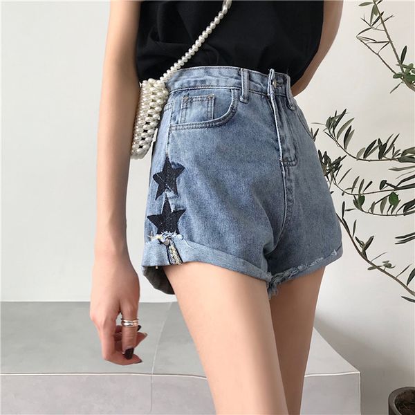 

new denim shorts for women 2020 summer shorts harajuku star embroidered denim loose high waist fleece pants, Blue