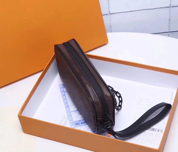 

desigenr-classic leather lychee embossed thick chain clutch bag men and women with the old flower camera bag dark brown casual pockets