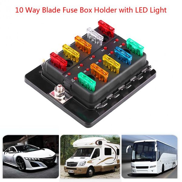 Freeshipping 10 Way Blade Fuse Box Circuit Blade Fuse Box Block Holder con kit spia LED per auto Van Boat Marine Car-Styling
