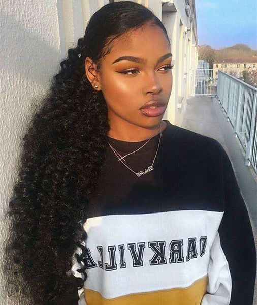 Kadınlar Için 8A Sapıkça Kıvırcık At Kuyruğu Uzantıları Doğal Siyah Remy İnsan Saç 1 Parça Ponytails Içinde 100% Klip 100% İnsan Saç Uzantıları