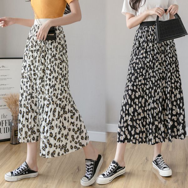 

2020 summer chiffon skirts high waist print flowers ladies skirt mid-long a-line brand bottom elastic waist black white skirts