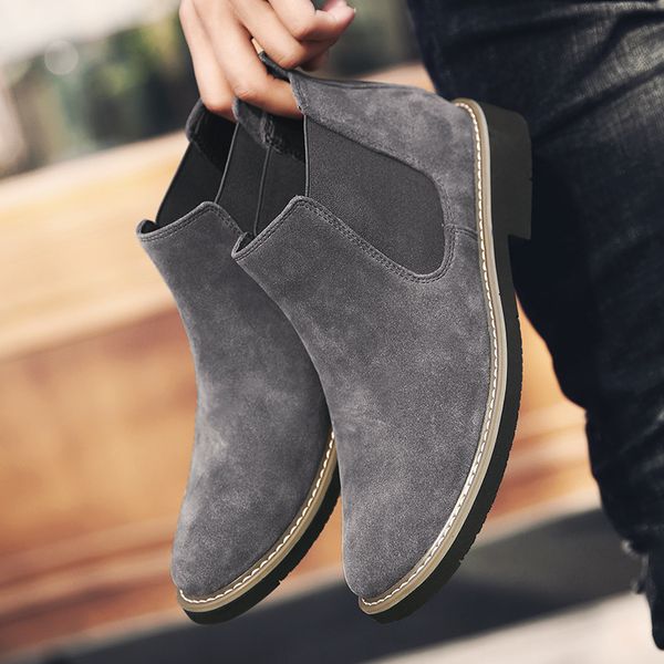 

genuine leather boots men suede ankle boots high-mens fashion tide plush fur winter, Black