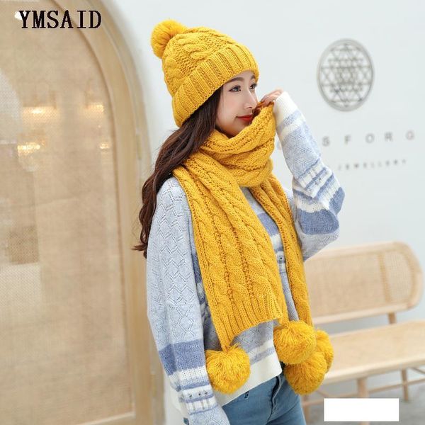 

ymsaid women's winter hat scarf set wool knitted hat female fur pompom hats for women lady bonnet thick warm ski cap collar, Blue;gray
