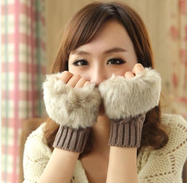 

fashion-women girl knitted faux rabbit fur gloves mittens winter arm length warmer outdoor fingerless gloves colorful xmas gifts, Blue;gray