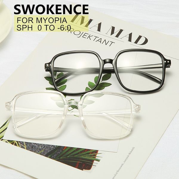 

swokence finished myopia glasses sph 0 -0.5 to -6.0 men women large square frame prescription spectacles for nearsighted f061, White;black