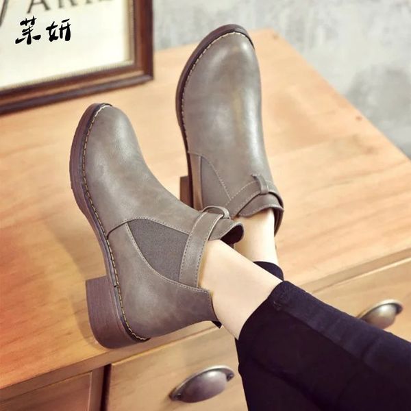 

winter boots women solid color middle heel female martin boots buckle strap fashion round toe ankle patchwork all match, Black