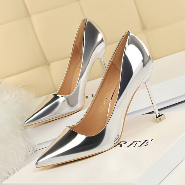 

2020 new woman 10cm high heels shoes female stiletto bright gold silver party leather glitter escarpins valentine cute pumps, Black