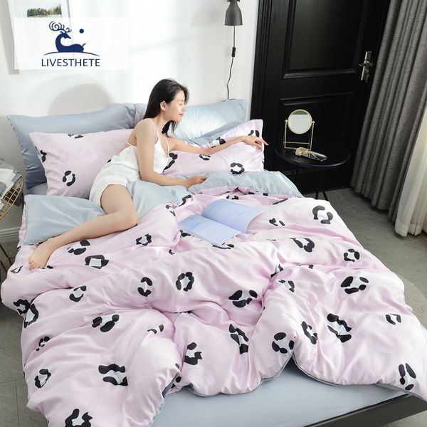 

liv-esthete luxury 100% silk leopard pink bedding set printed duvet cover set silky bed pillowcase  king flat sheet