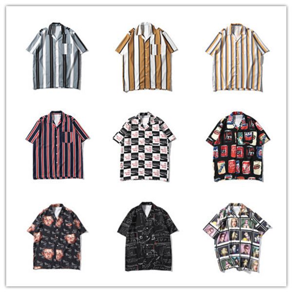 

мужской дизайнер 3d европейский код цифровой печати трехмерная полосатая рубашка с коротким рукавом свободные хип-хоп творческий лацкан руба, White;black