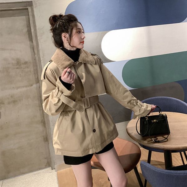 

liner lamb hair belt short windbreaker coat women 2020 winter new thickening warm cotton jacket, Black
