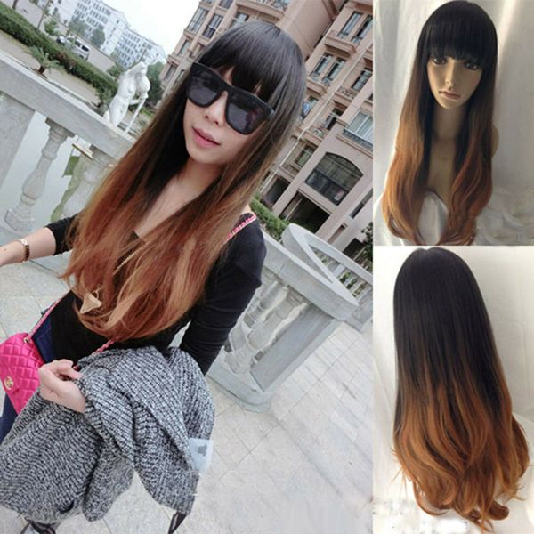 

fashion long straight brown+flaxen cosplay party women's lady hair wig wigs +cap, Black