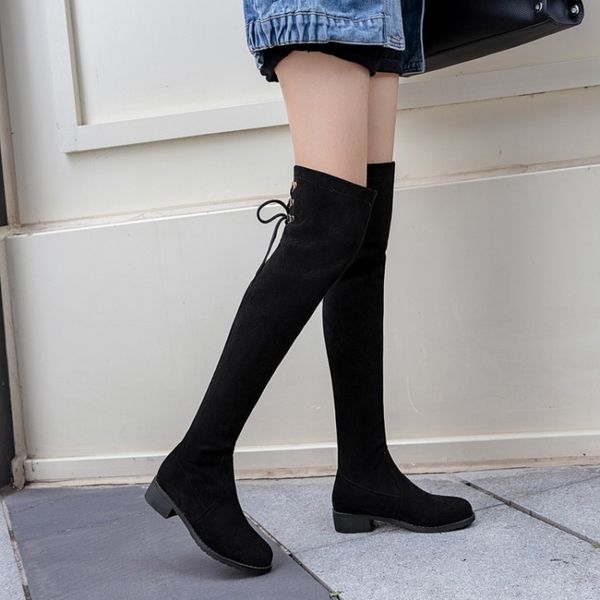 

winter new women's fashion boots the round head lace-up low-heeled women's over the knee boots plus heel height 3cm nubuck, Black