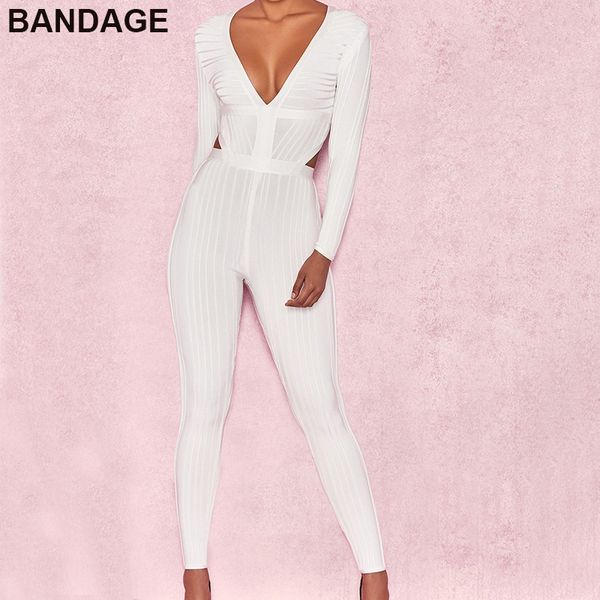 

2018 new designer party vestidos elegant long sleeve backless white jumpsuits lady deep v neck long skinny bandage jumpsuit, Black;white