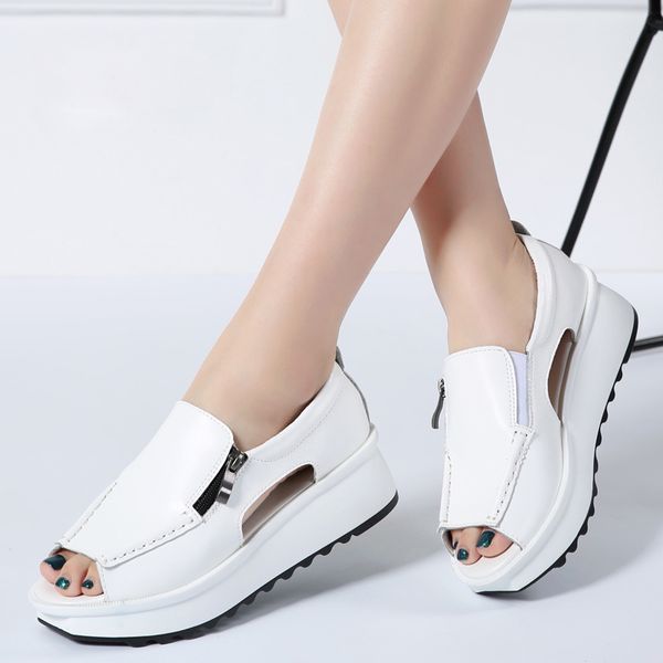 

summer women sandals wedges sandals ladies open toe round toe zipper black silver white platform sandals shoes