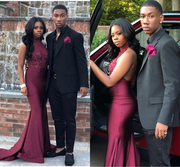 

burgundy high neck sleeveless backless prom dresses with lace appliqued satin formal evening gowns fashion party wear, Black