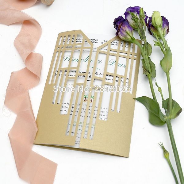 Goldene Gatefold-Hochzeitseinladung mit Laserschnitt, Einladungen im Great Gatsby-Stil, personalisierte Gate-Faltkarten