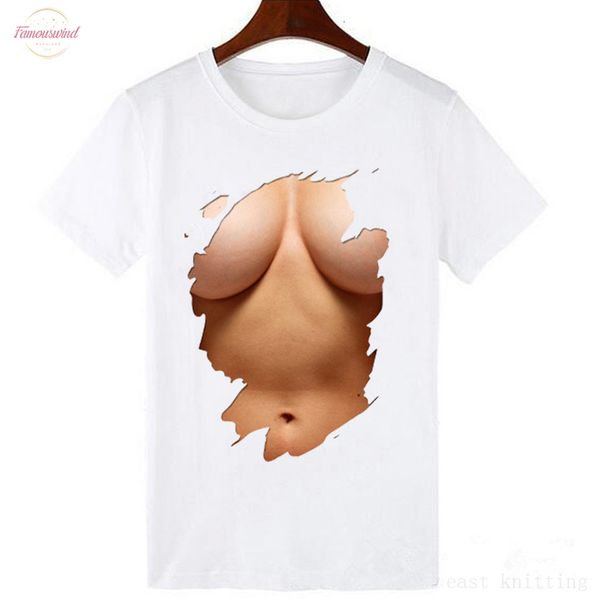 

women summer cool casual 3d print and short sleeve o neck t shirt big boobs breast design print t shirt, White