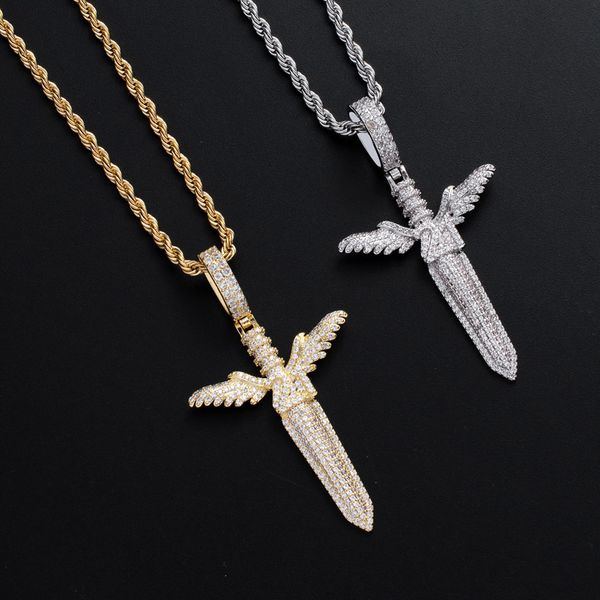 

hip hop angel sword pendant necklace copper iced out bling gold silver color cz necklace men women charm jewelry gifts choker