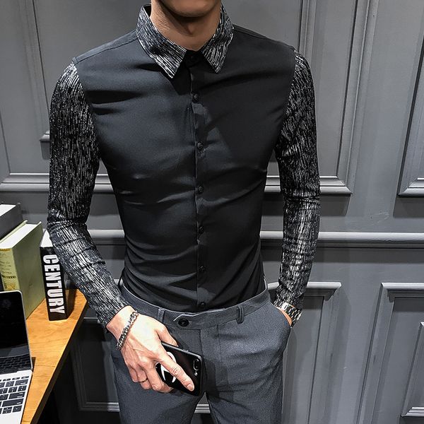 

gzdeerax splicing sleeve mens shirts luxury long sleeve nightclub party mens dress shirts fashion slim fit casual male, White;black