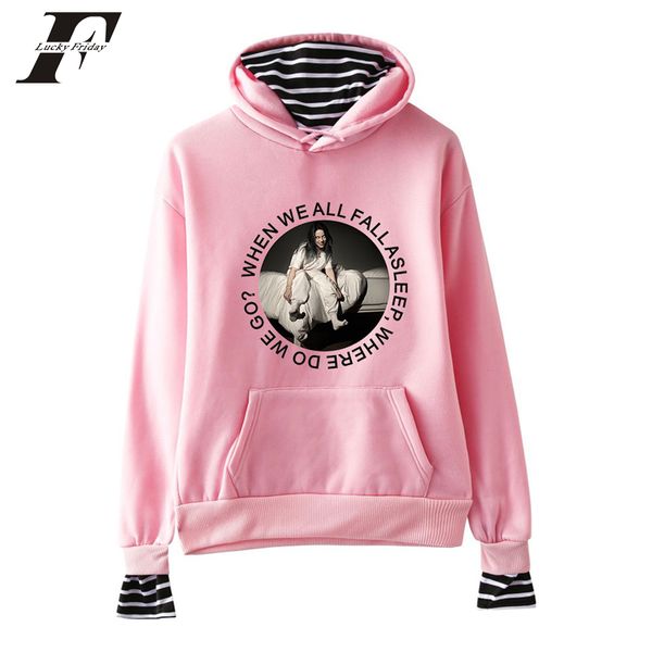

kpop billie eilish print fake two pieces hoodies sweatshirts women men hit hop cotton long sleeve streetwaer harajuku clothes, Black