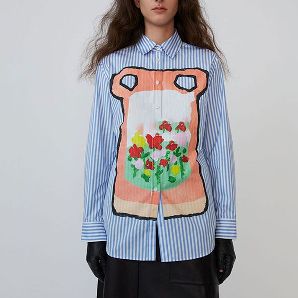 

women shirt 2019 autumn ceramic printed letter striped casual shirt, White