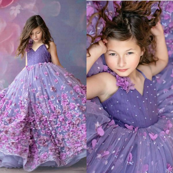 Ball Prinzessin Lila Blumenmädchenkleider für Hochzeiten D Blumenapplikationen Kinder Formelle Kleidung Perlen Festzug Kleid Vestidos De Primera e