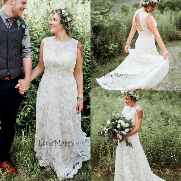 

modest boho wedding dresses jewel neck lace appliques a line hollow back country wedding dress custom made plus size beach bridal gowns, White