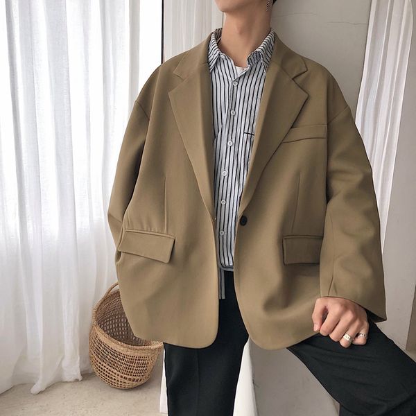

2019 new fashion wild loose solid color men's jacket gray black/size m-xl khaki england style turn-down collar single breasted, Black;brown