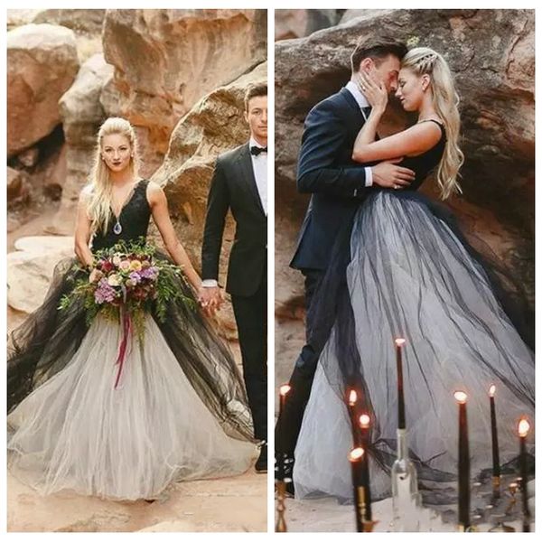 

2020 deep v-neck tull formal white and black gothic wedding dresses formal sleeveless bridal gowns custom long vestidos de mariee cheap