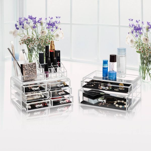 

sf-1122-1 cosmetics storage rack with 6 small 2 large drawers transparent