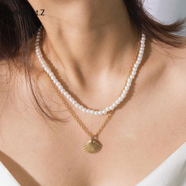 

ingesight.z 2pcs/set bohemian imitation pearl choker necklace women statement golden shell scallop pendant necklace jewelry, Silver