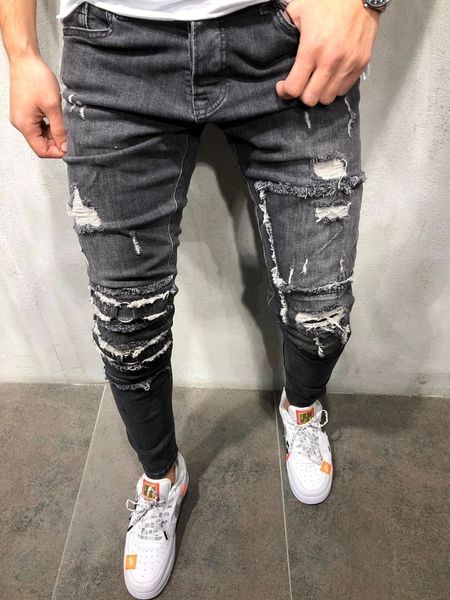 

s-3xl personality men's clothing | 2019 spring tide brand men's feet pants slim personality denim hole men's dlothing lf1909, Blue