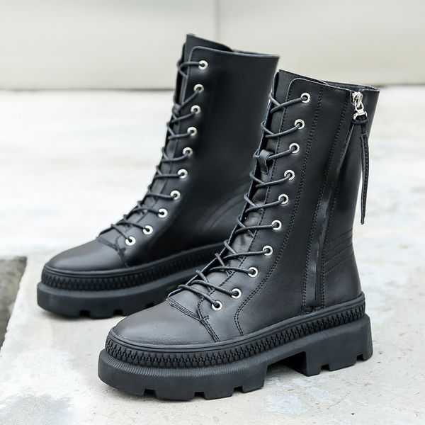 

winter genuine leather chunky motorcycle boots women autumn 2019 fashion round toe lace-up combat boots ladies shoes, Black