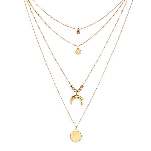 

women fashion jewelry multi-layer moon beads round pendant necklace personality party chain necklace, Silver