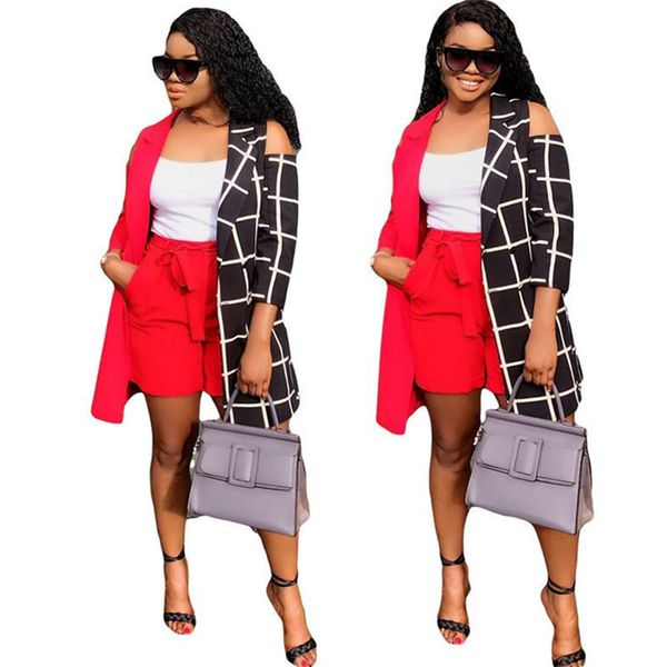 

fashion women outfits 3/4 sleeve patchwork grid coat jacket + red shorts 2 piece set ladies design coats tracksuit streetwear suit, White