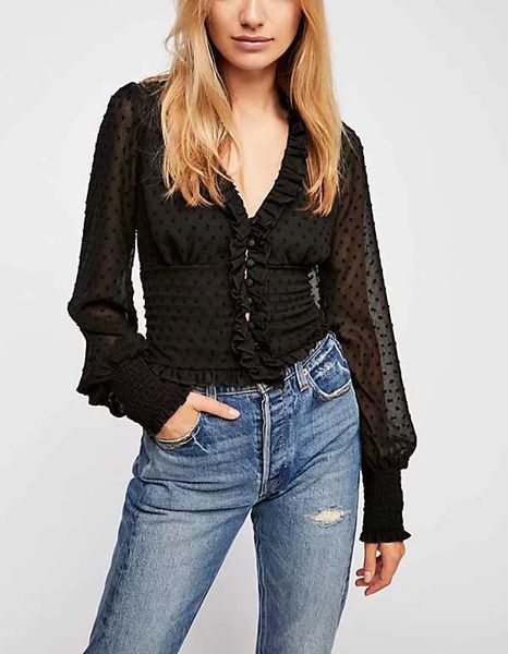 

ruffles black blouse women shirts 2019 polka dots autumn winter casual short blusas female clothes, White