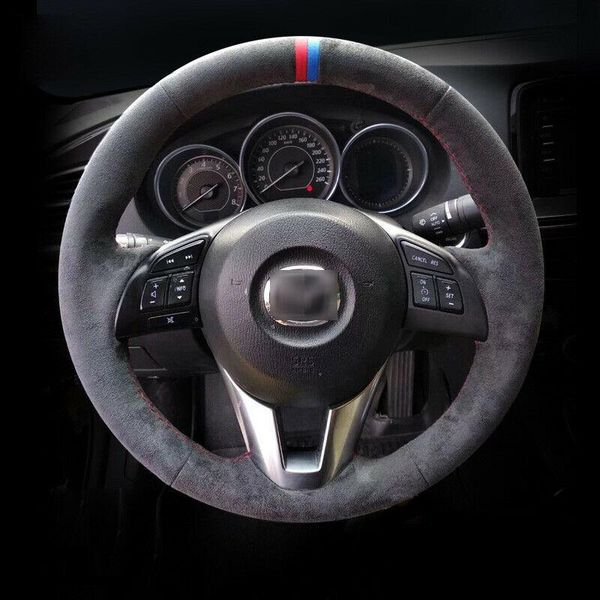 

for mazda cx-5 atenza car steering wheel cover black suede leather red stitch