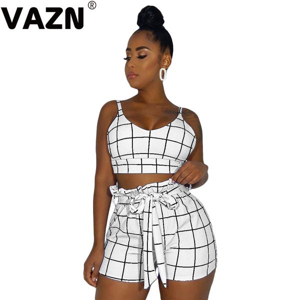 

vazn young style 2020 summer lady 3 colos 2-piece short set spaghetti strap bow sashes shorts set plaid sweet chic, White