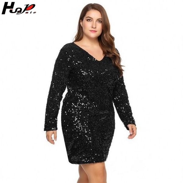 

huapate 2019 european and american foreign trade large size women's v-neck long-sleeved sequined hip dress, Black;gray