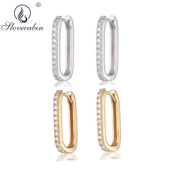 

slovecabin oval huggie hoop earrings 925 sterling silver ear cuff earring with clear stones pave earring jewelry for women, Golden