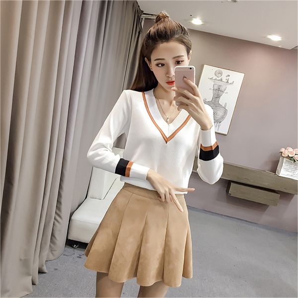 

lucyever fashion striped v-neck knitted sweater women mix color long sleeve loose sweaters woman winter casual pullover mujer, White;black
