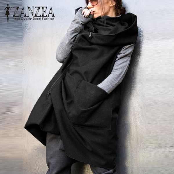 

zanzea 2019 fashion women zipper autumn winter hooded vest coat casual loose sleeveless jacket oversized black coat plus size, Black;white