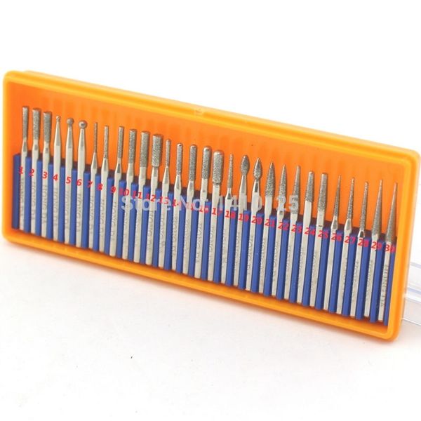 

30 pcs bur diamond grinding head set coated carving burrs rotary tool bit grit 120 shank 2.35/3mm for dremel tools accessories