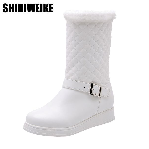 

2019 fashion new slip-on flat with buckle boots elegant sweet long boots soft pu leather faux fur winter women shoes x207, Black