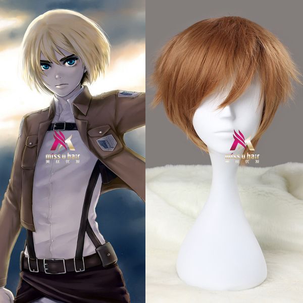 

attack on titan armin arlert short silky straight boy's shaggy layered yellow bob synthetic cosplay wig+ wig cap, Black